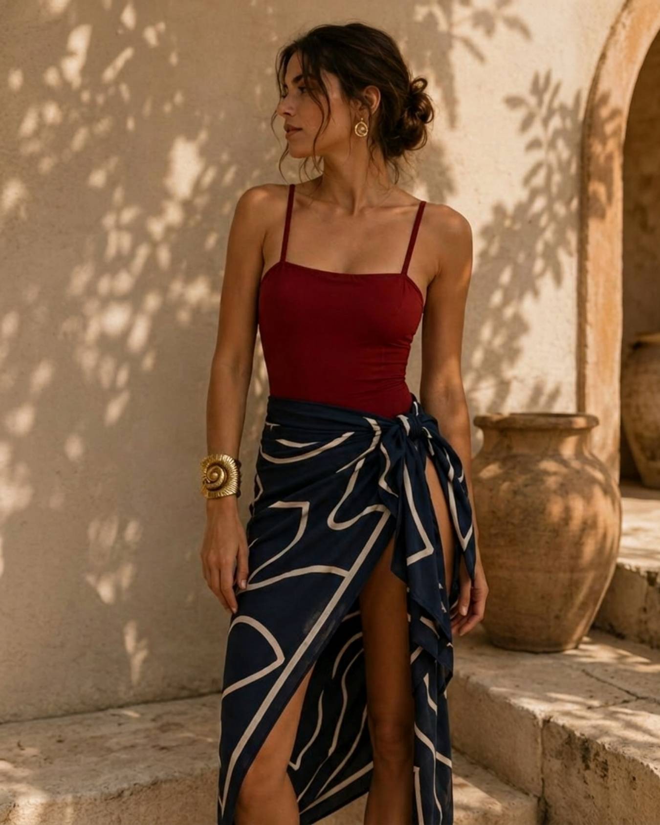 Square-Neck Bodysuit & Printed Sarong